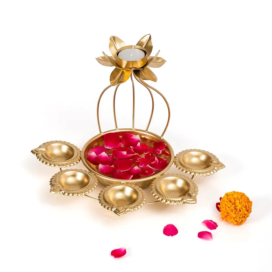 CraftVatika Metal Lotus Tealight Candle Holder for Diwali Decoration Items with Base of Urli Bowl and Diya - Gold , Diwali Gift Items
