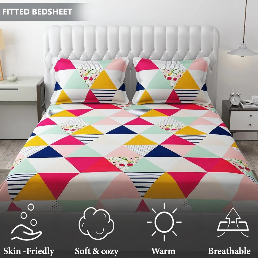 FRESH FROM LOOM Soft Glace Cotton Fitted Bedsheet King Size Bed With Two Pillow Cover,Elastic Fitted Geometric Bed Sheets,Bed Covers For Mattresses Tuck In,144 TC