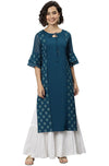 Janasya Women's Teal Poly Crepe Ethnic Motifs Kurta