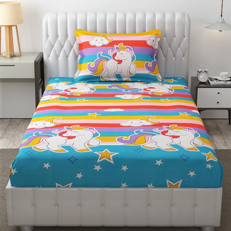 FRESH FROM LOOM Glace Cotton Wrinkle Free Soft Hypoallergenic Bed Sheet | Cartoon Printed Single Size Bedsheets For Kids With 1 Pillow Covers , 144 tc,Multicolor