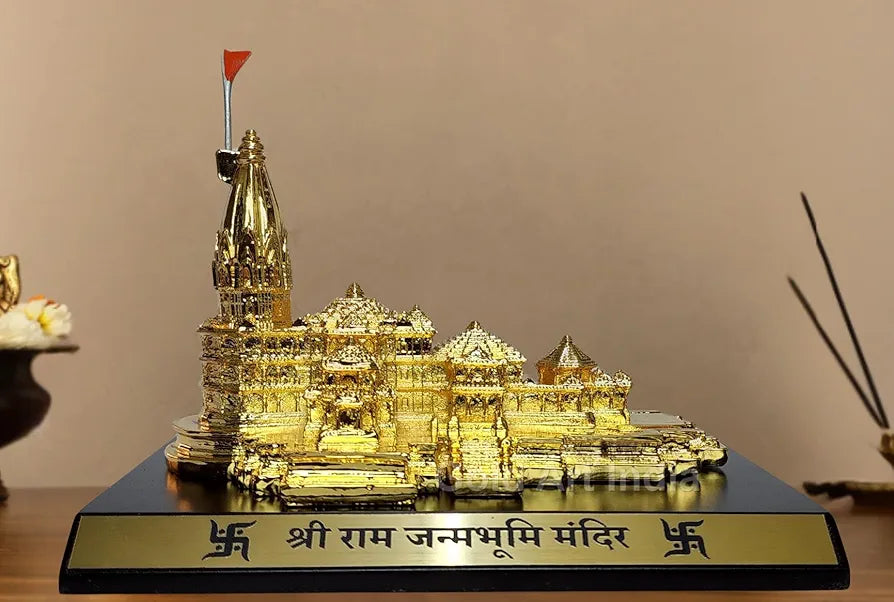 Gold Art India Ram Mandir Ayodhya Gold Plated - Minature for, Gifting, Puja Room, Office Desk, Home Decor 