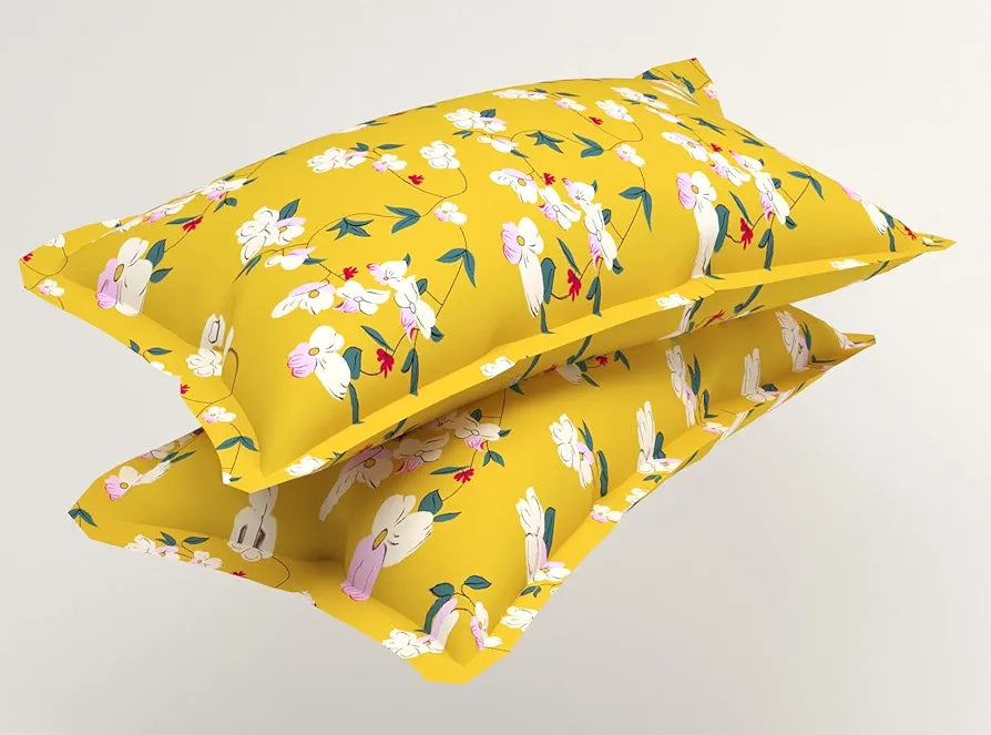 Premium Cotton Elastic Fitted Bedsheets with 2 King Size Pillow Covers Double Bed with All Around Elastic Supersoft Size - 72 x 78 +10 inches Flower Print Yellow and Green 200 tc - 220 tc