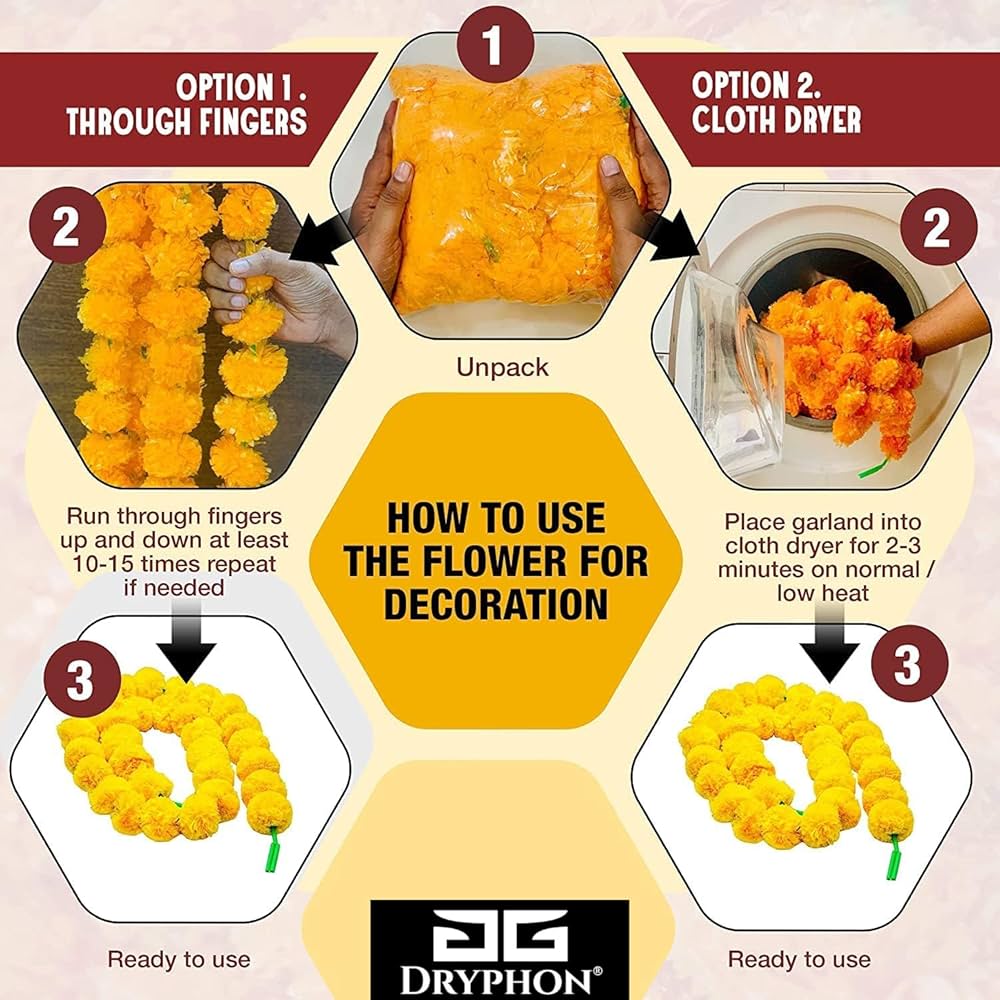 DRYPHON Artificial Marigold Flowers With Pom Pom Ring Bell Hanging Garlands for Home Decoration, Diwali, Wedding, Puja 