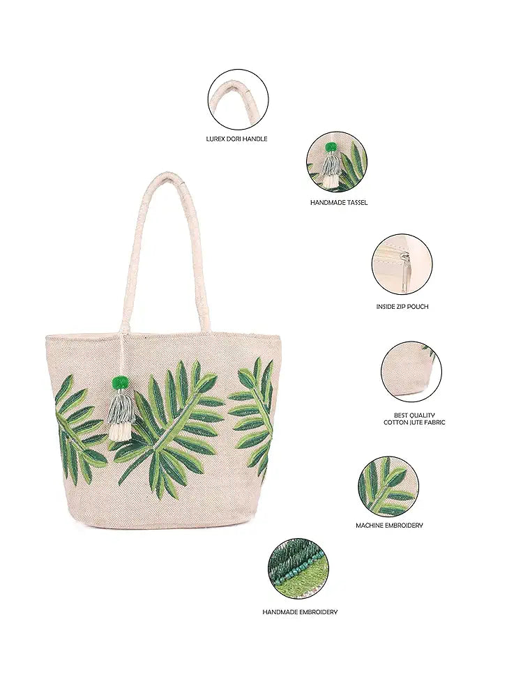 ASTRID Women's Embroidered Leaf Tote Bag 
