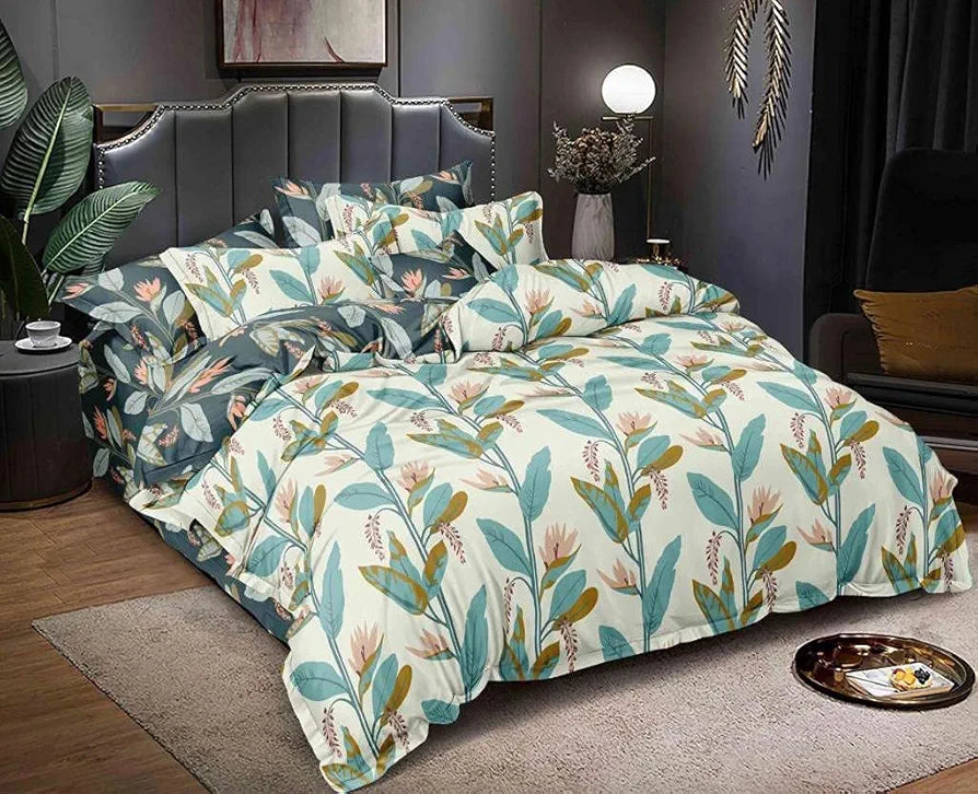 THE HOME STYLE Cotton Feel Glace Cotton All Around Elastic Fitted Printed King Size Double Bed Bedsheet With 2 Pillow Cover 300 TC 