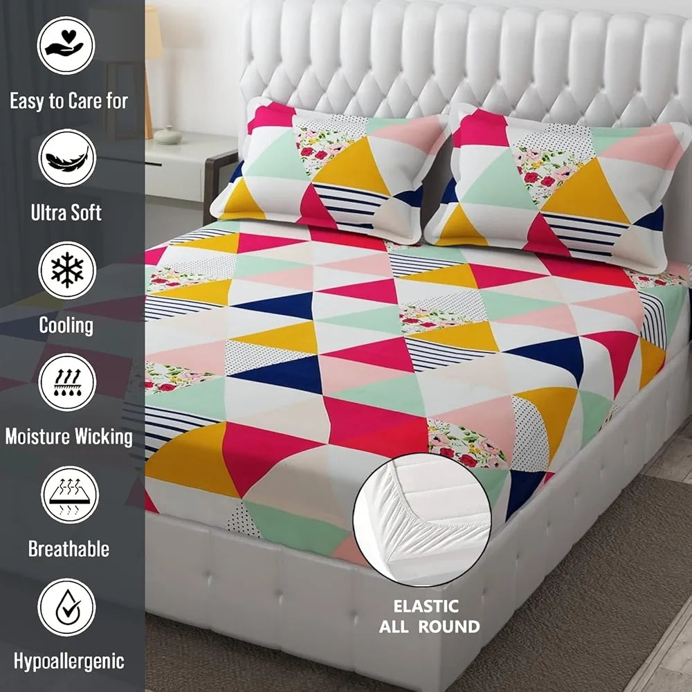 FRESH FROM LOOM Soft Glace Cotton Fitted Bedsheet King Size Bed With Two Pillow Cover,Elastic Fitted Geometric Bed Sheets,Bed Covers For Mattresses Tuck In,144 TC