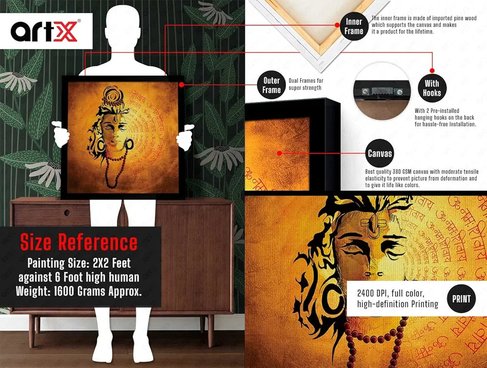 ArtX Shiva Mantra Big Canvas Painting For Living Room With Frame, Multicolour, Square, 24.0 x 24.0 inch, 2x2 Feet, Set Of 1