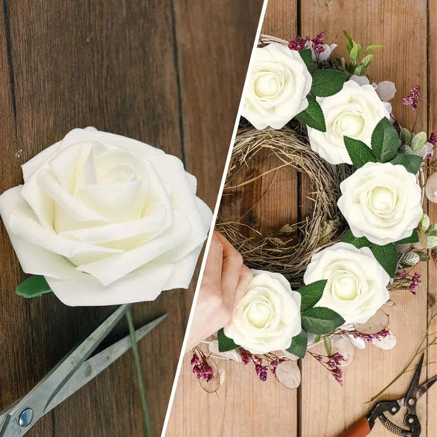 Higfra Artificial Flowers Cream Fake Roses Real Looking Foam Roses Flowers w/Stem for DIY Home Decoration Wedding Bouquets Centerpieces Arrangements Party Baby Shower - Cream