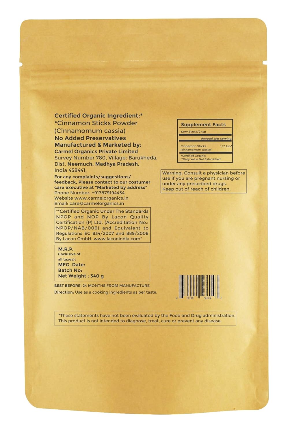 Carmel Organics Cinnamon Sticks 100 gms Swadesii