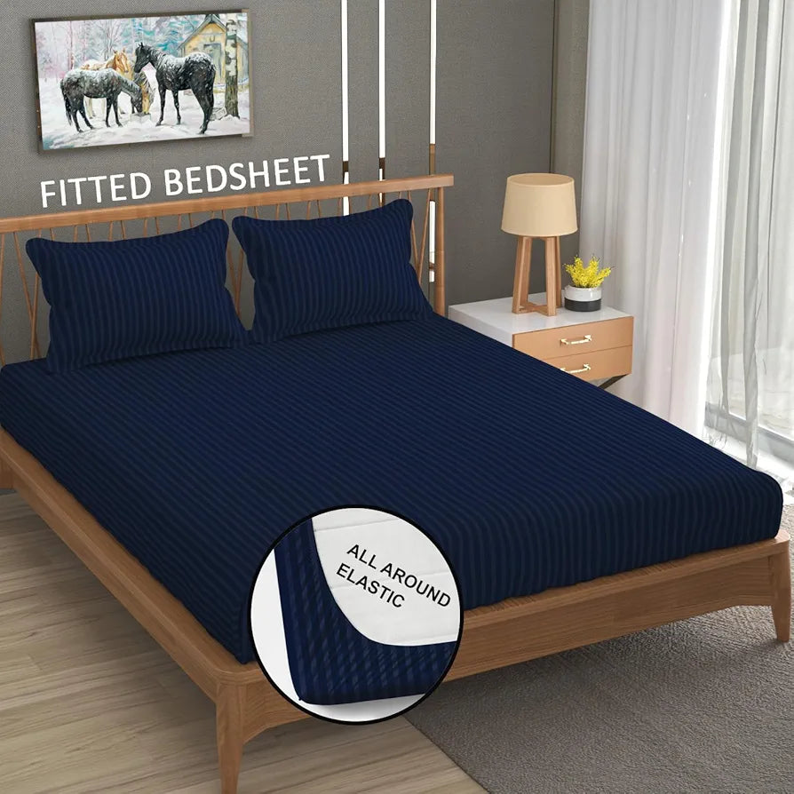 Homefab India 160 TC Stripe Cotton Feel Glace Cotton Elastic Fitted King Size Double Bed Bedsheet with 2 Pillow Covers Fits Upto 6 inches Mattress, Size-72X78 inches, Navy Blue