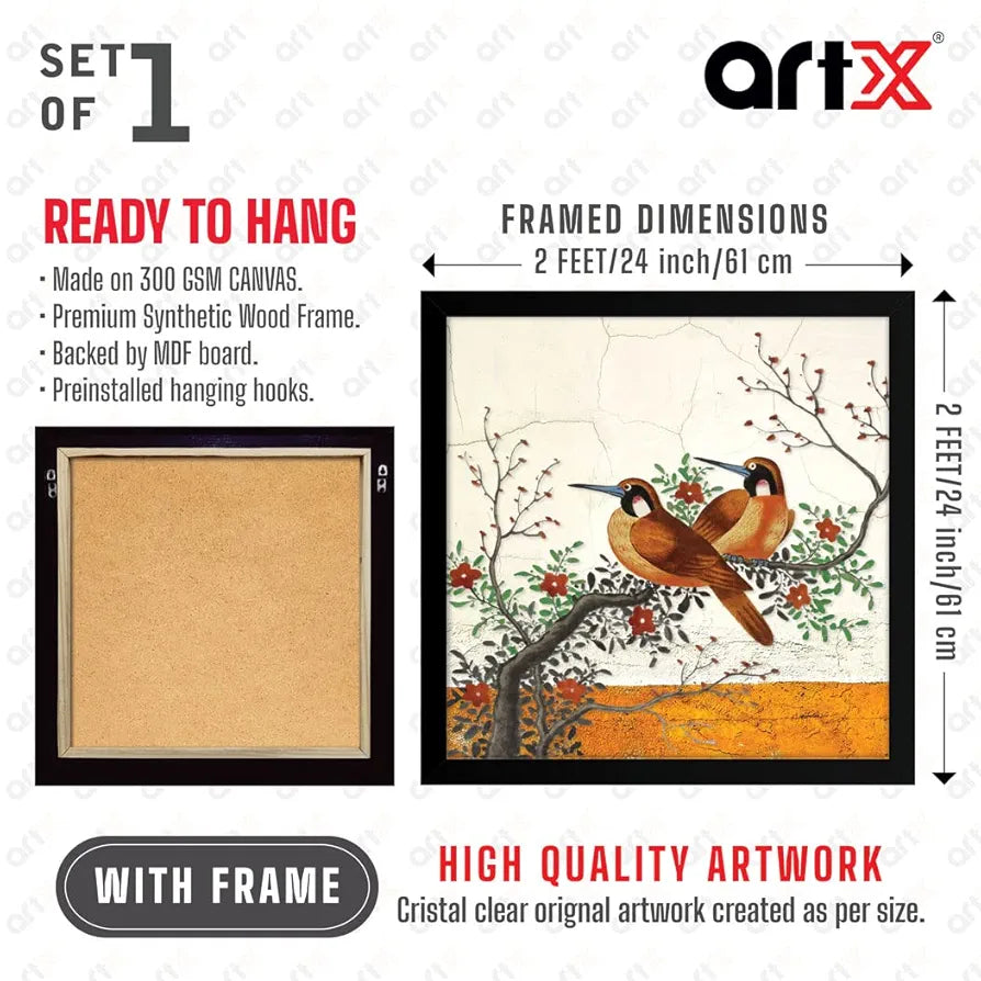 ArtX Two Bird Love Big Canvas Painting For Bedroom and Living Room With Frame, Multicolour, Square, 24.0 x 24.0 inch, 2x2 Feet, Set Of 1