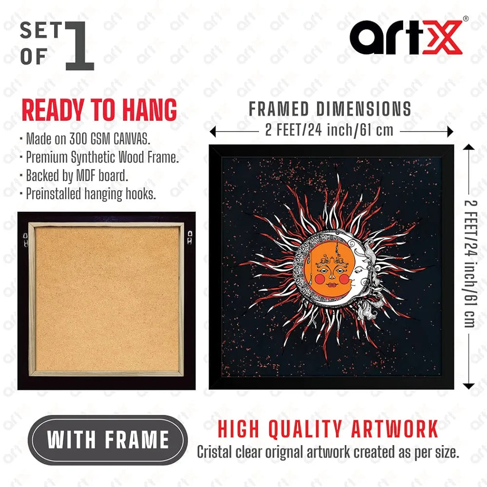 ArtX Sun And Moon Madhubani Big Canvas Painting For Living Room With Frame, Multicolour, Square, 24.0 x 24.0 inch, 2x2 Feet, Set Of 1