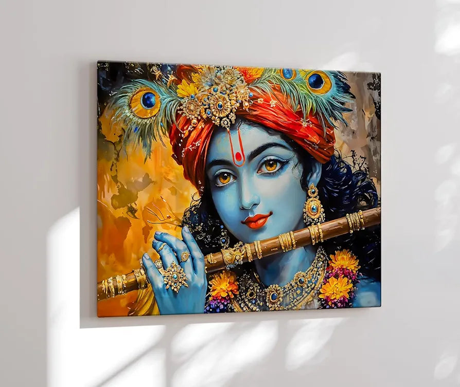 ArtX Canvas Krishna Playing Flute Wall Painting, Krishna Photo Frame For Living Room, Bedroom, Multicolor, Abstract, 58.0 X 45.0 cm, Set of 1