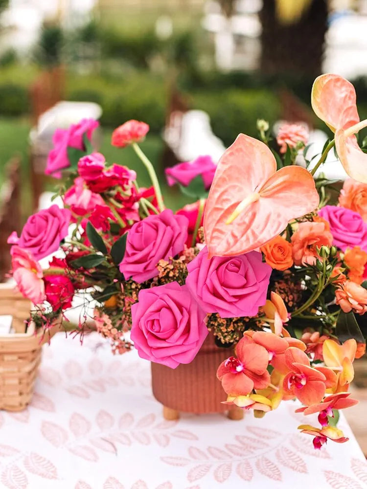 MACTING Artificial Flower Roses 30PCS Real Touch Spring Fake Flowers with Stem Fuchsia Foam Roses for Wedding DIY Bouquets Table Centerpieces Party Bridal Shower Holiday Home Decorations