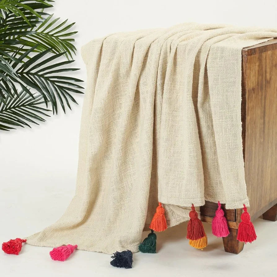 HOMADORN 100% Cotton Off White Throw 300 TC Blanket with Handmade Colorful Tassel for Sofa, Bed Couch  