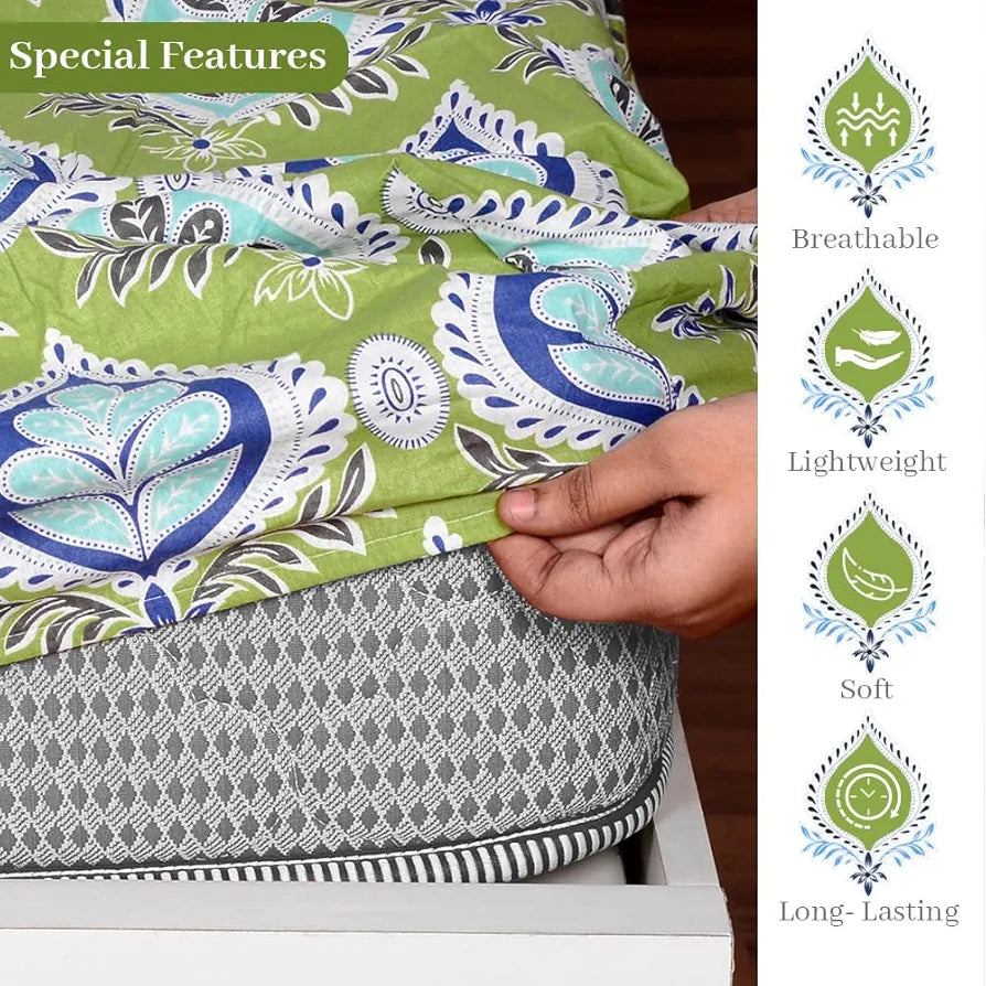 Divine Casa 144 TC Cotton Abstract Printed Queen Size Double Bed Elastic Fitted Bedsheet with 2 Pillow Cover 