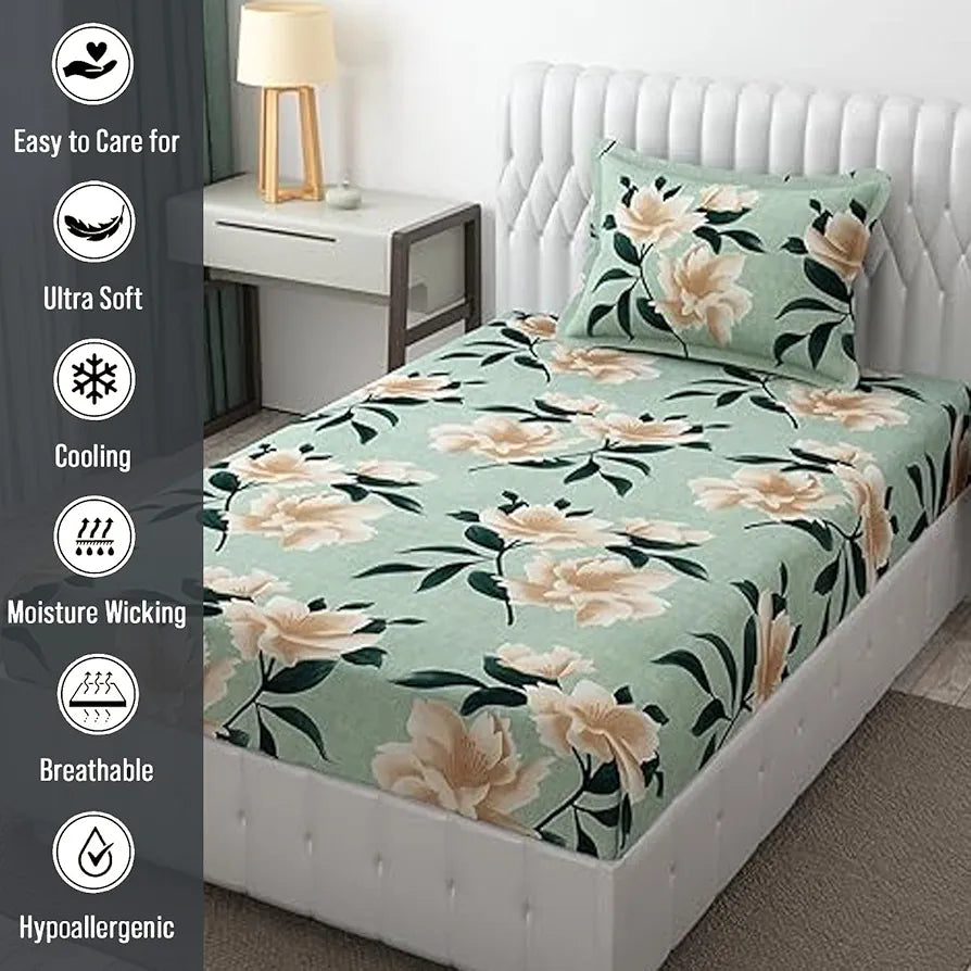 FRESH FROM LOOM Single Bed Floral Design Microfiber Single Bedsheet | Hypo-Allergenic Bedsheets/Bedcover | Wrinkle Free | Includes 1 Pillow Covers , 144 TC