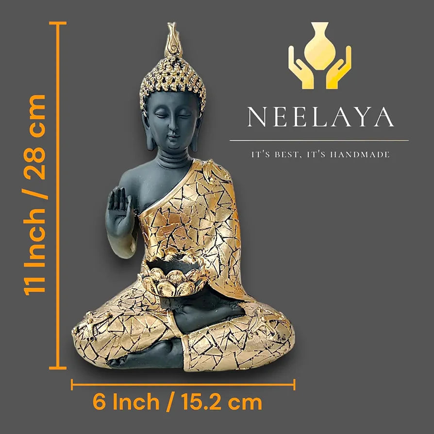 NEELAYA Meditating Buddha Statue with Tealight Candle Holder Polyresin Showpiece for Home Decor Living Room Office Vastu Gift Housewarming 28 cm Black Gold