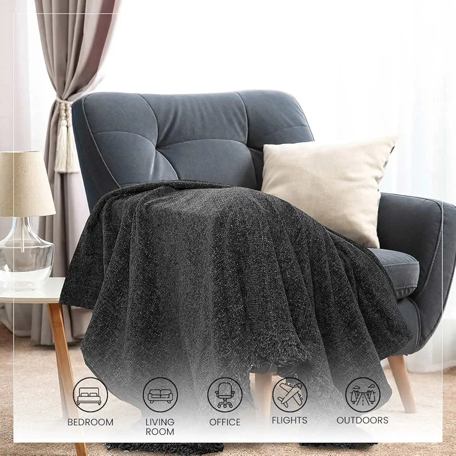 SASHAA WORLD Soft Chenille Throw | Throw Blanket for Sofa, Bed, Chair and Travel | Charcoal Throw Blanket | Pack of 1, 130 x 180 cm