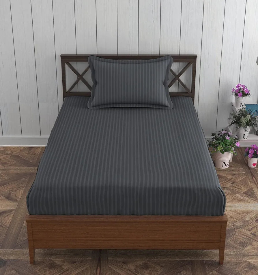 Trance Home Linen Cotton 78X36 Inch Single Fitted 200TC Satin Stripe Elastic Fitted Bedsheet|Single Bed Size Daily Use Fitted Bedspread With 1 Pillow Covers ,Small_Single