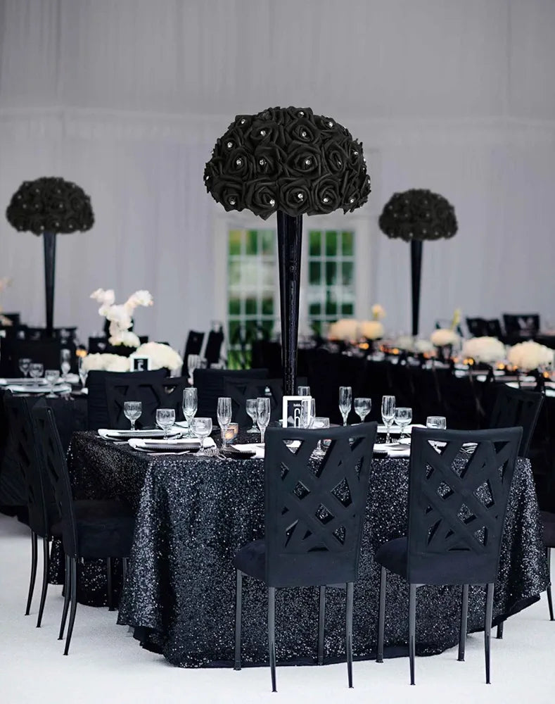 IPOPU 100pcs Black Rose Artificial Flower Heads Bulk with Crystal 3in Real Looking Foam Fake Roses Faux Flowers for DIY Craft Wedding Bouquets Arrangements Party Table Home Decorations