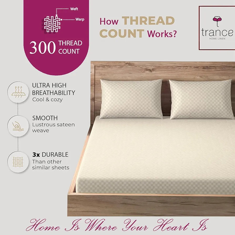 Trance Home Linen 300Tc Premium Jacquard Weave 100% Cotton Solid Fitted Bedsheet for Single Bed with 1 Pillow Cover-Skin Friendly,Small Single