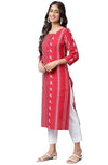 Janasya Women's Red Cotton Ethnic Motif Printed Straight Kurta