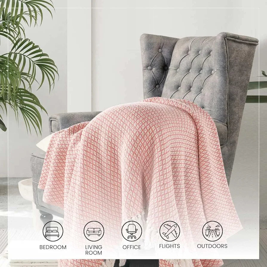 SASHAA WORLD Cotton Soft Throw Blanket | Used Both Indoor and Outdoor |Blanket for Living Room, Sofa, Bed & Chair | Peach & White Throw Blanket| Pack of 1, 160 X130 Cm