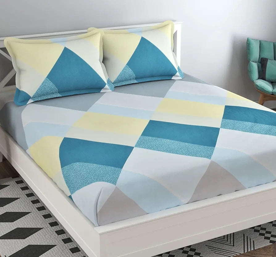 THE HOME STYLE Cotton Feel Glace Cotton Elastic Fitted Printed King Size Double Bed Bedsheet With 2 Pillow Cover,300 TC