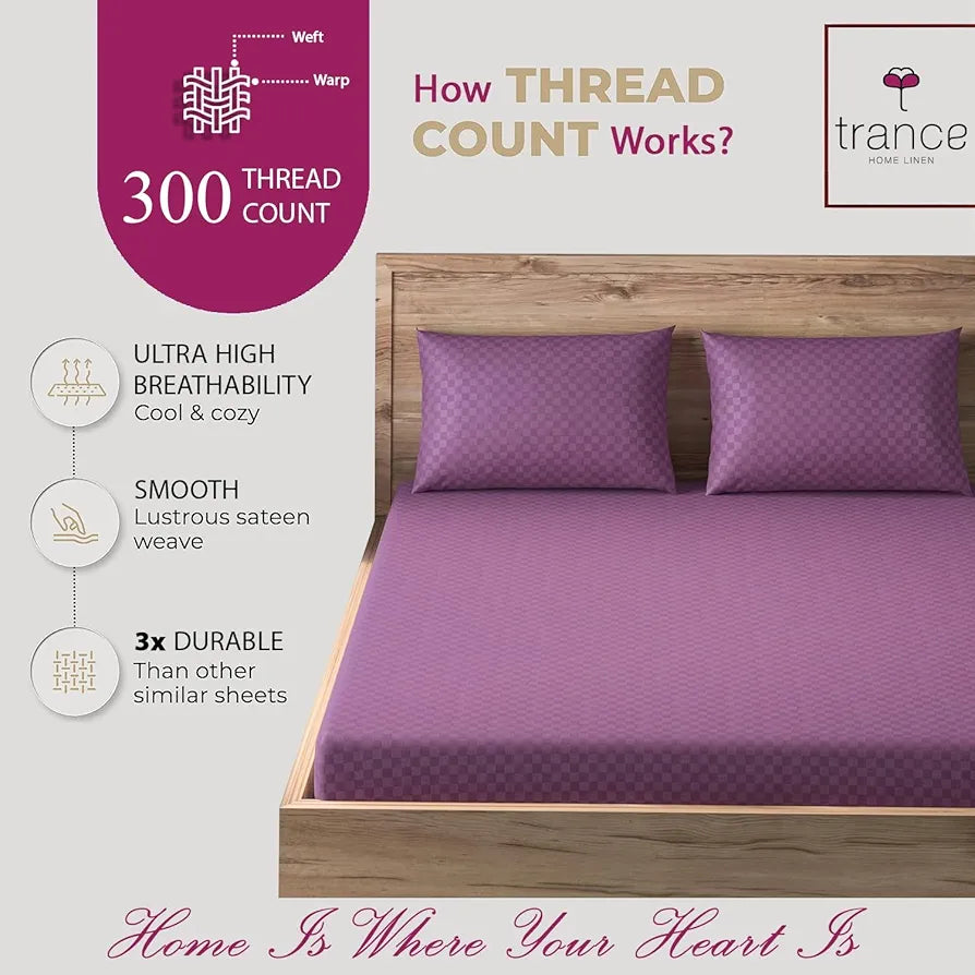 Trance Home Linen 300TC Jacquard Weave Fitted Bedsheet for King Size Bed with 2 Pillow Cover - Skin Friendly, Premium 100% Cotton 