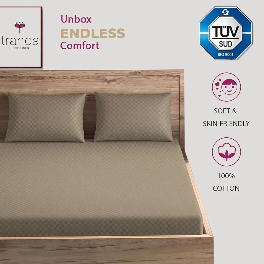 Trance Home Linen Skin Friendly Premium Jacquard Weave Fitted Bedsheet for Single Bed with 1 Pillow Cover - 100% Cotton, 300TC 