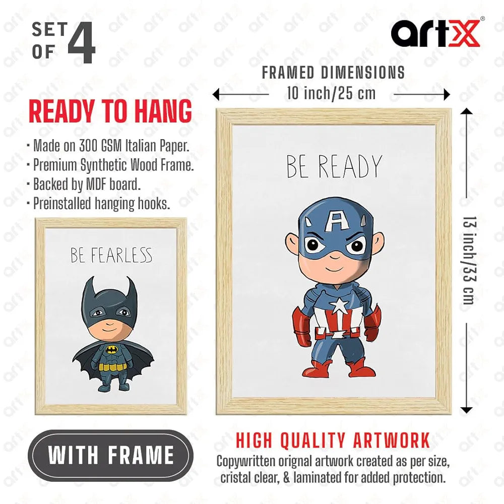 ArtX Wall Paintings For Kids Room, Superheroes Kids Room Wall Frame, Superheros, 10x13 inch each, Multicolor, Synthetic Wood, Set Of 4