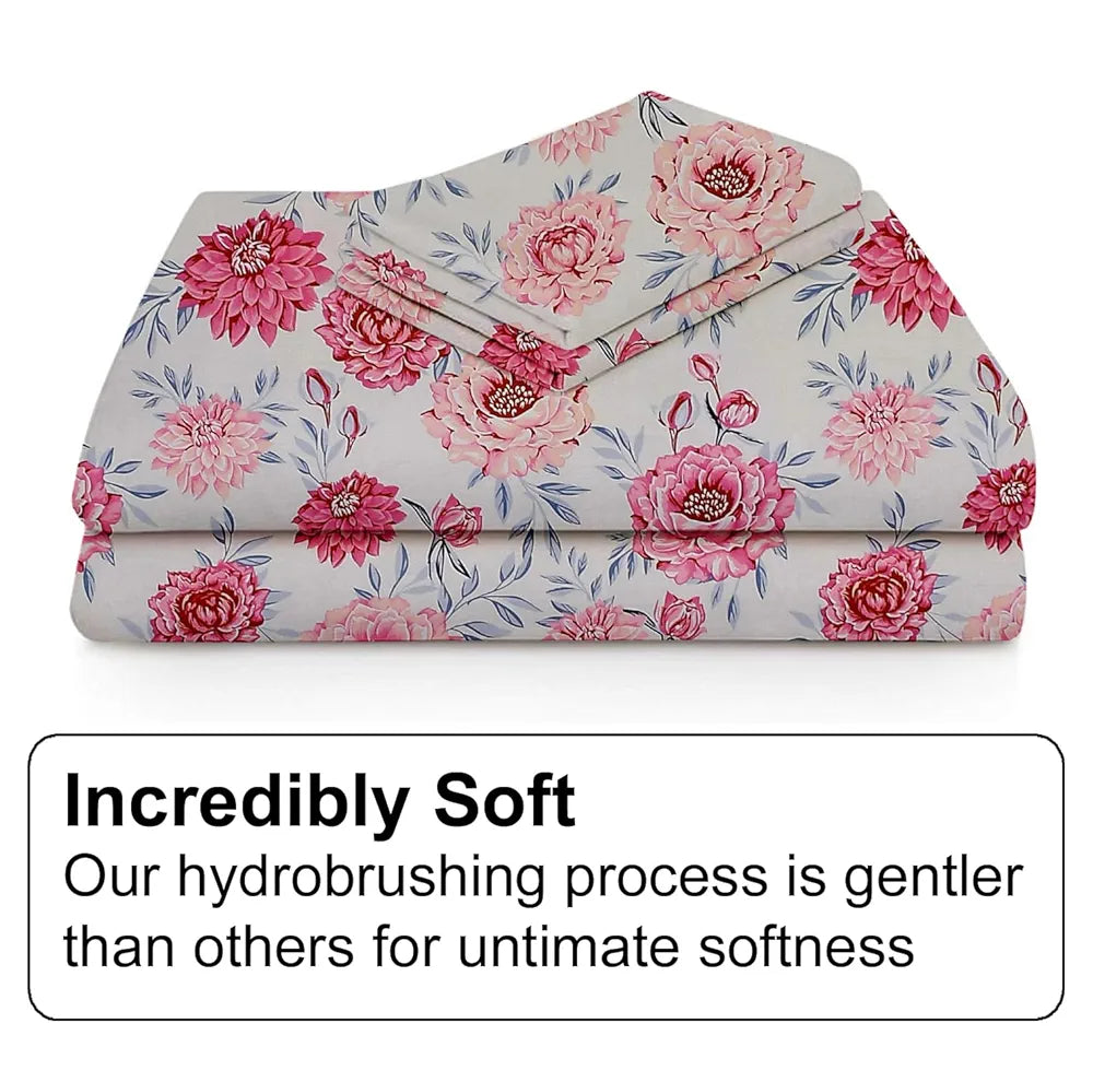 FRESH FROM LOOM Floral Print 240 TC King Size Microfiber Fitted Bedsheet Set - Soft & Anti Fade, 2 Pillow Covers Included  | Rose-Offwhite)