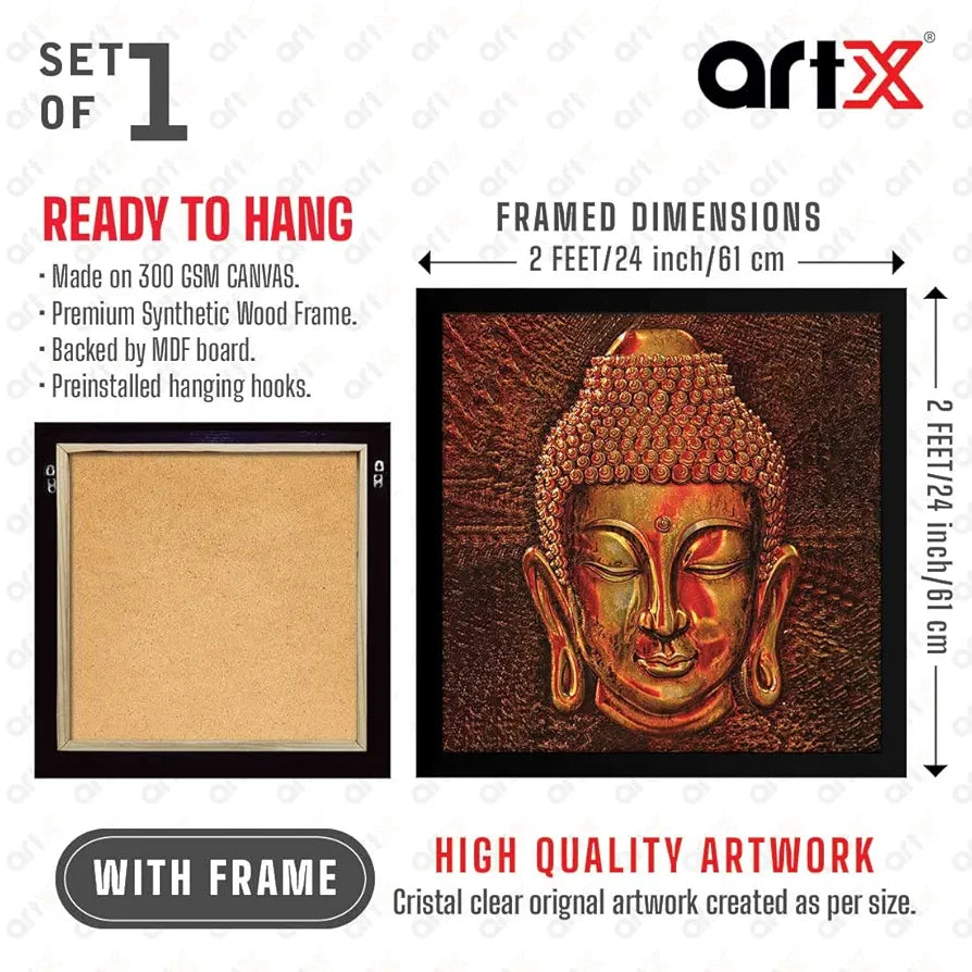 ArtX Golden Buddha Big Canvas Painting For Living Room With Frame, Multicolour, Square, 24.0 x 24.0 inch, 2x2 Feet, Set Of 1