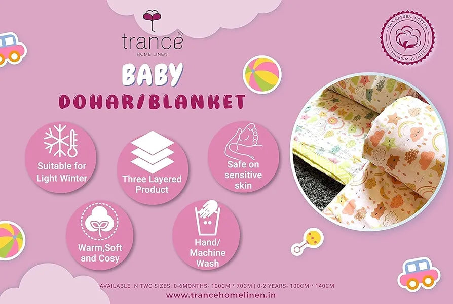 Trance Home Linen Pure Malmal Cotton Multipurpose Baby Dohar | 3-Layered Baby Swaddle | Soft -Lightweight Baby Blanket | Crib Blanket 