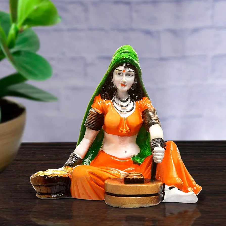 Karigaari India Hnadcrafted Polyresine Lady with Chakki Sculpture | Showpiece for Home Décor and Office