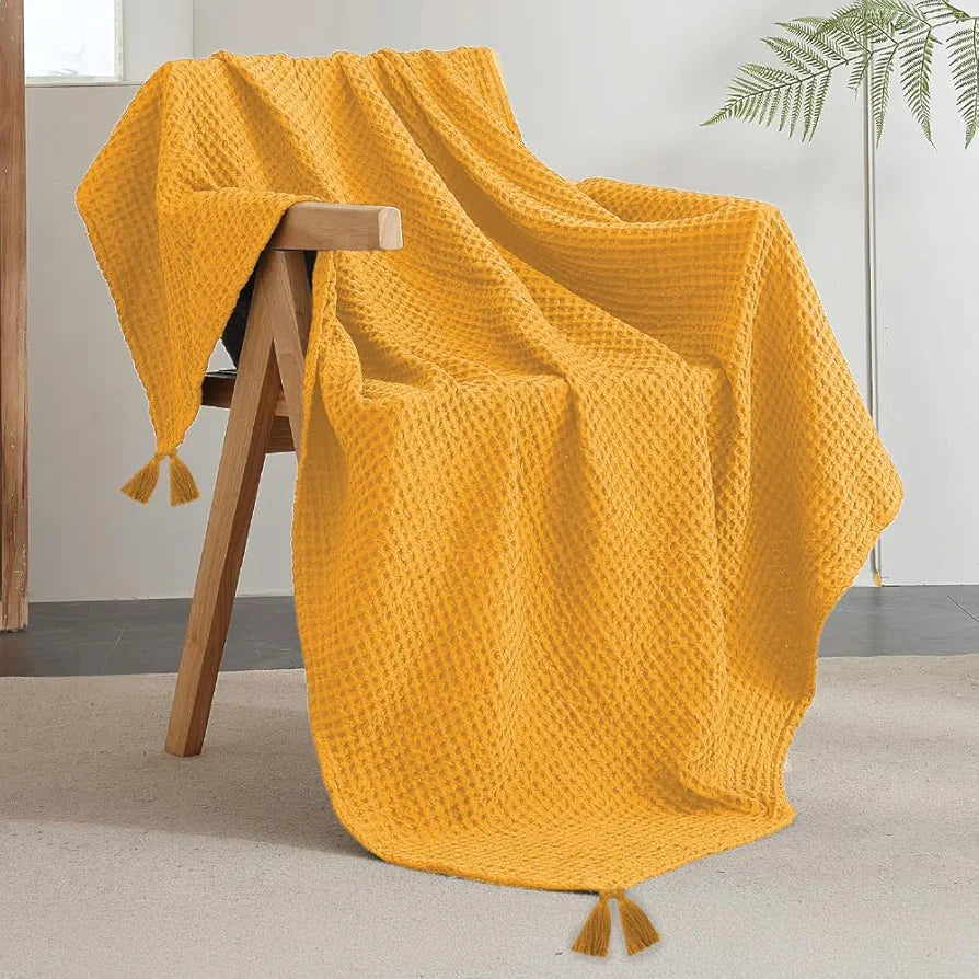 Urban Space 100% Cotton Waffle Throw Blanket, Soft Decorative Throw for Living Room, Sofa, Chair and Couch, Handmade,Reversible and Breathable Throw with Tassels 