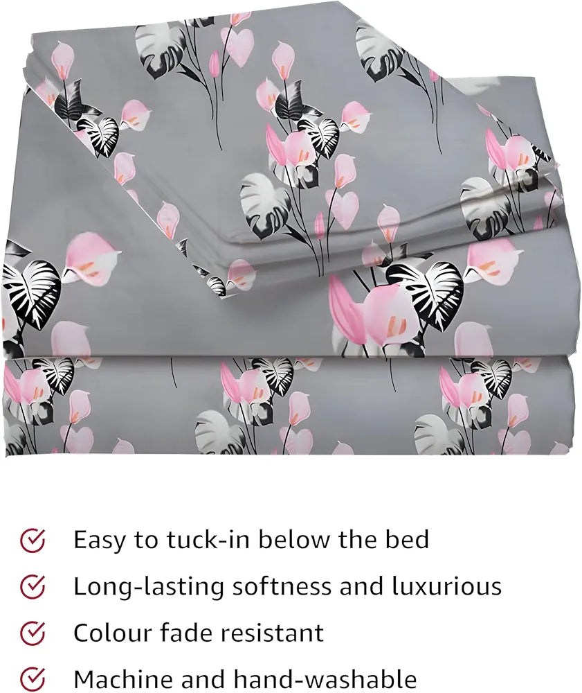 STARNSTYLE Polycotton 220 TC Floral Printed King Size Double Bedsheet with 2 Pillow Covers, (90 x 90 Inches, Grey Floral