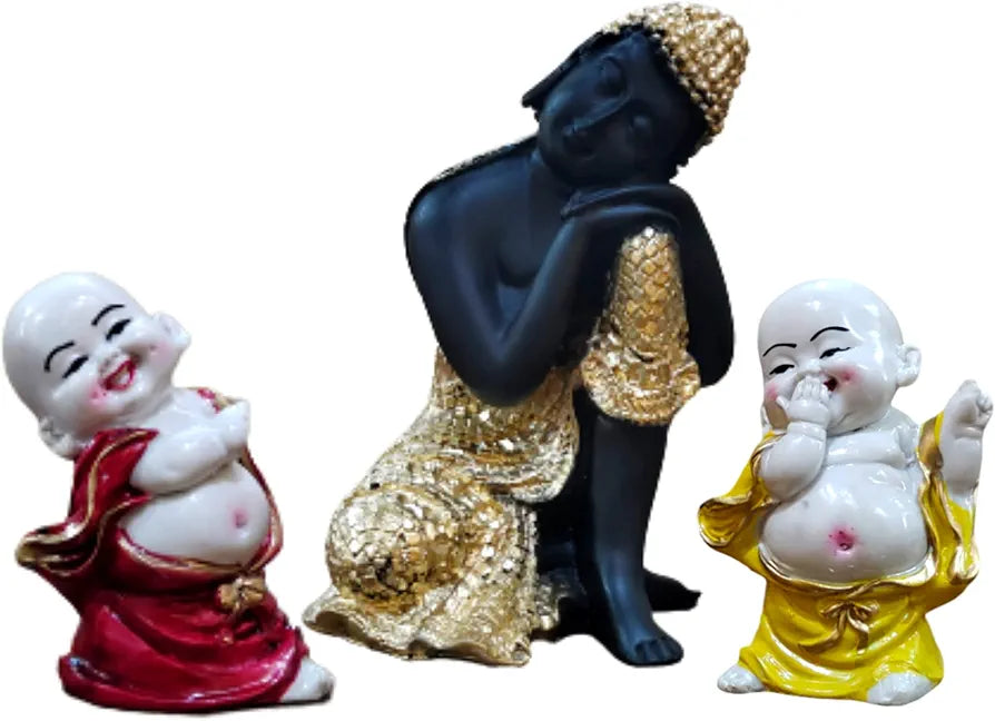 MARINER'S CREATION Polyresin Divine Resting Buddha Idol with Two Child Monks Showpiece for Home Decor 