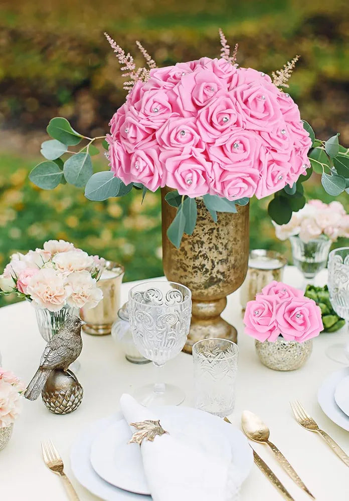 IPOPU 100pcs Pink Foam Rose Artificial Flower Bulk with Crystal 3in Real Looking Stemless Fake Roses for DIY Craft Wedding Bouquets Wall Decoration Bridal Shower Arrangement Home Decorations