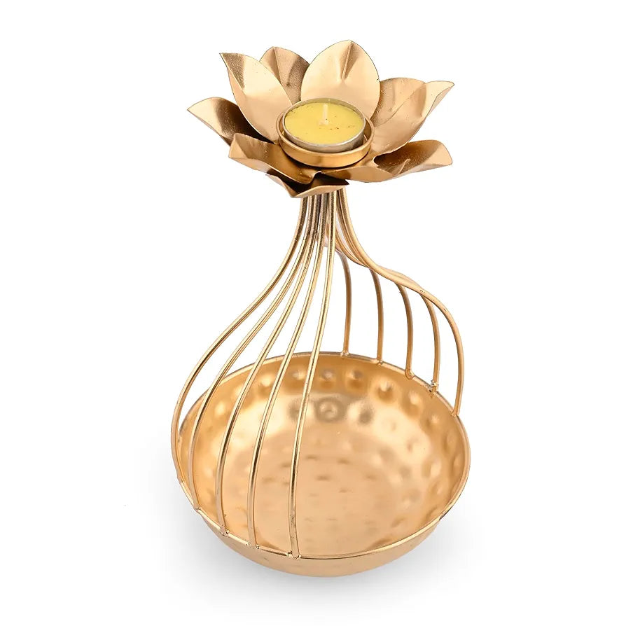 CraftVatika Metal Lotus Tealight Candle Holder for Diwali Decoration Items for Home with Base of Urli Bowl, Diwali Gift Items,- Gold 