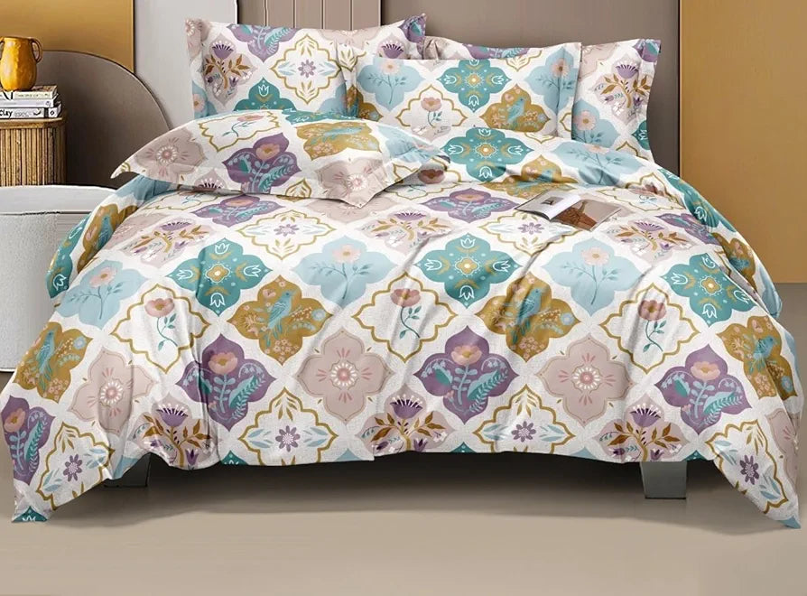 THE HOME STYLE Cotton Feel Glace Cotton Elastic Fitted Printed Double Bed King Size Bedsheet with 2 Pillow Cover 