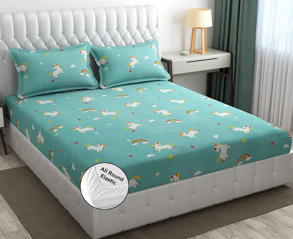 FRESH FROM LOOM 300 TC Wrinkle Free Glace Cotton Elastic Fitted Floral Bedsheet for Kids |Unicorn, Multicolor), Double Bed