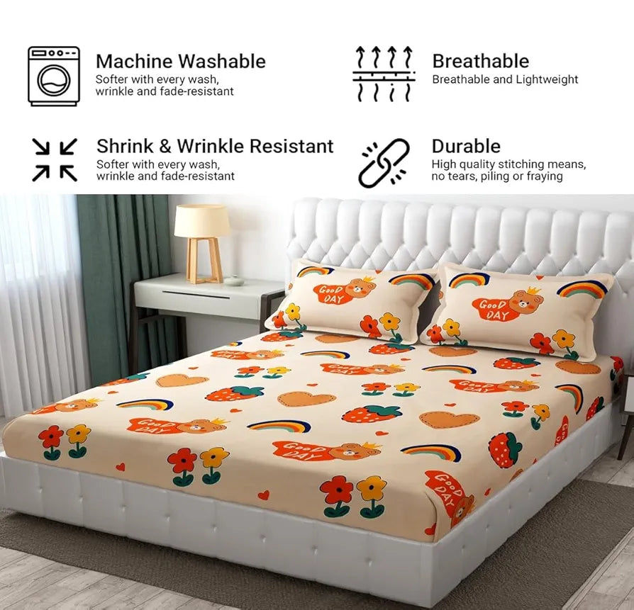 FRESH FROM LOOM Cartoon Wrinkle Free Glace Cotton Bedsheet For Kids With 2 Pillow Cover , 144 Tc,Multicolor