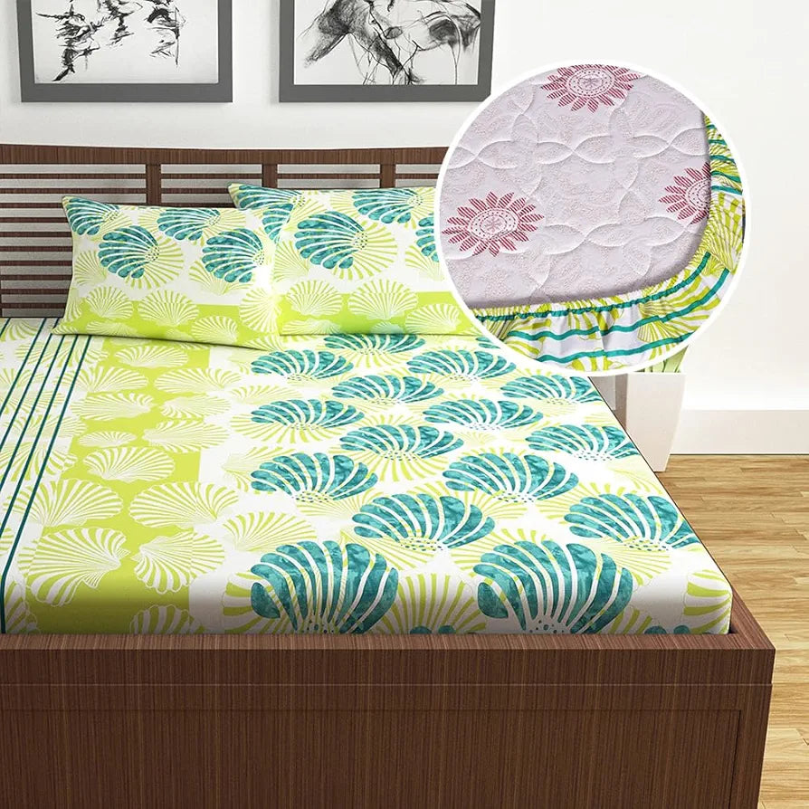 Divine Casa Cotton Acid Lime Bedsheet for Double Bed Elastic Fitted with 2 Pillow Covers  Calming Shells