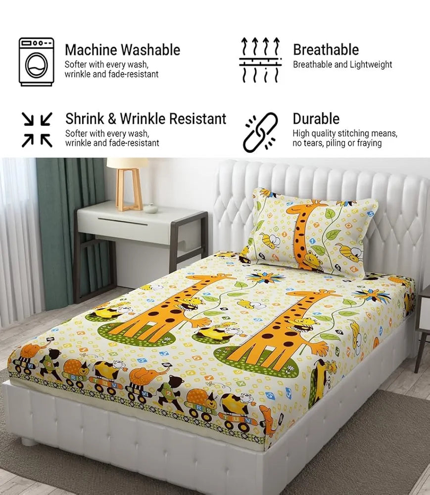 FRESH FROM LOOM Glace Cotton Wrinkle Free Soft Hypoallergenic Bed Sheet|Cartoon Printed|Single Bedsheet With One Pillow Cover Kids Bedsheet For Boys&Girls Room,144 tc,Multicolor