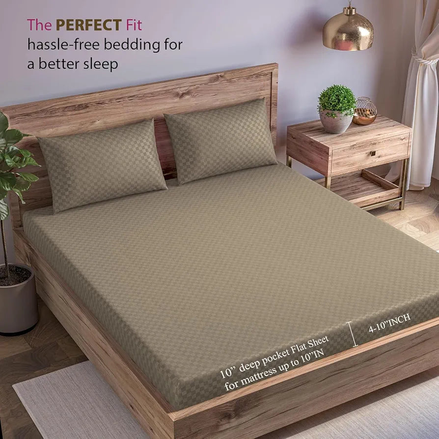 Trance Home Linen 300TC Premium Jacquard Weave Fitted Bedsheet for King Size Bed with 2 Pillow Cover - 100% Cotton, Skin Friendly 