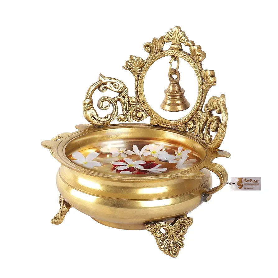 Two Moustaches Ethnic Indian Carved 7 Inches Brass Decor Urli Bowl with Bell, Brass Urli for Flowers, Urli Bowl for Home Decor, Brass Urli Decor Bowl, Weight - 1.6 Kg, Standard, Pack of 1