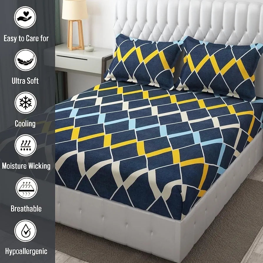 FRESH FROM LOOM Microfiber King Size Double Printed Bedsheet - Hypoallergenic Wrinkle Free Bed Sheets with 2 Pillow Covers , 144 TC