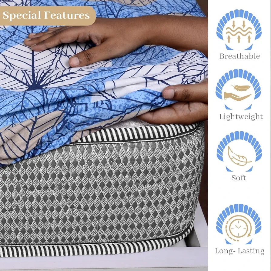 Divine Casa 144 TC Cotton Fitted Bedsheet for King Bed | 100% Cotton – Floral Blue | Soft, Lightweight & Elastic Fit | Size 78x72 Inch | Everyday Use Bedsheet